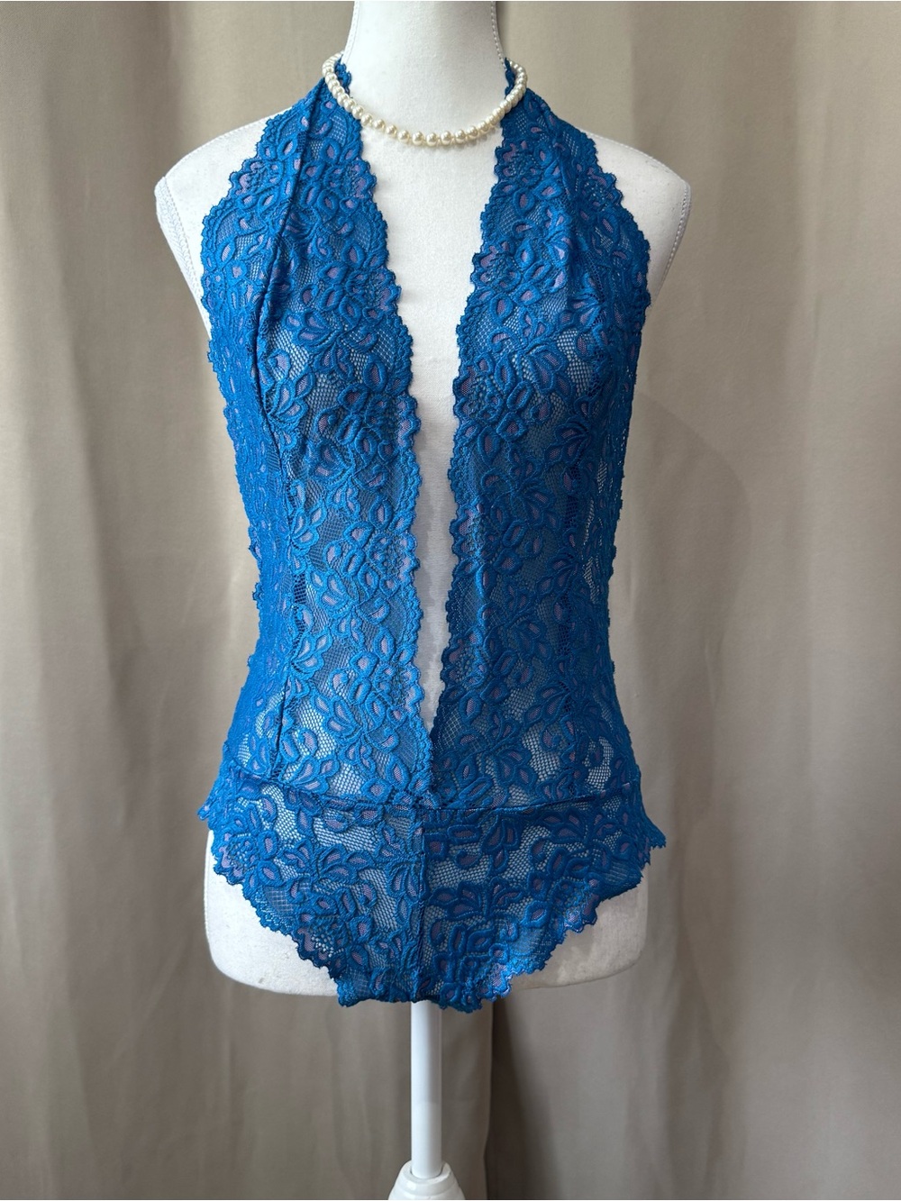 Frederick's of Hollywood Royal Blue Lace Plunge Halter Teddy